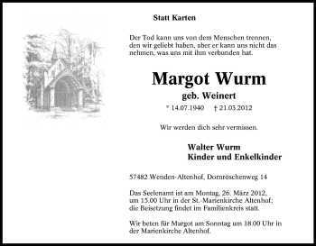 Traueranzeige von Margot Wurm von Tageszeitung