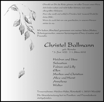 Traueranzeige von Christel Ballmann von Tageszeitung