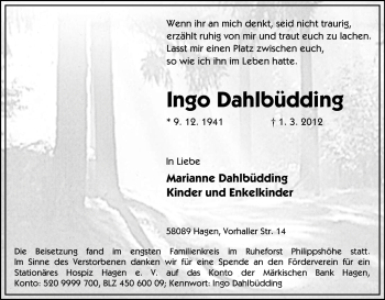 Traueranzeige von Ingo Dahlbüdding von Tageszeitung