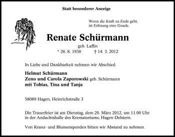 Traueranzeige von Renate Schürmann von Tageszeitung