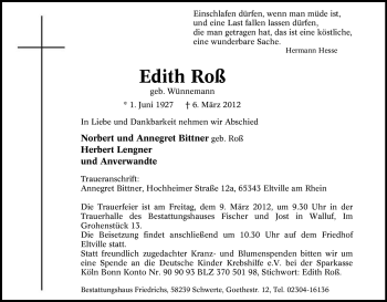 Traueranzeige von Edith Roß von Tageszeitung