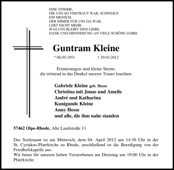 Traueranzeige von Guntram Kleine von Tageszeitung