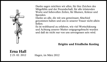 Traueranzeige von Erna Hall von Tageszeitung