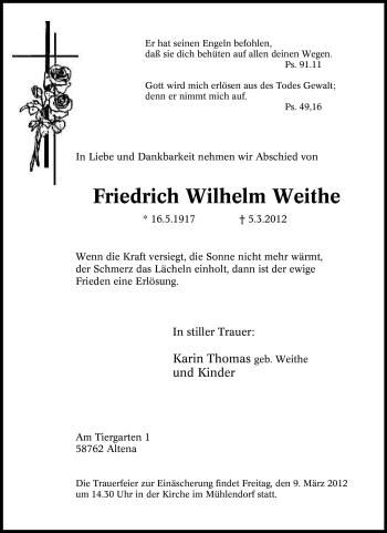 Traueranzeige von Friedrich Wilhelm Weithe von Tageszeitung