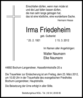 Traueranzeige von Irma Friedeheim von Tageszeitung