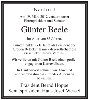 Traueranzeige von Günter Beele von Tageszeitung