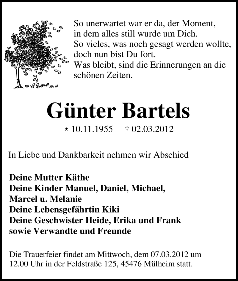  Traueranzeige für Günter Bartels vom 06.03.2012 aus Tageszeitung