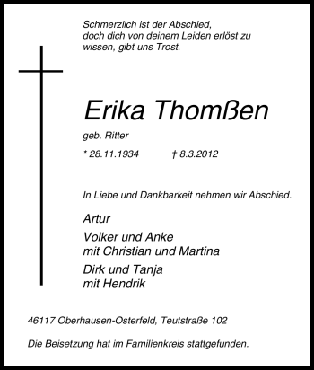 Traueranzeige von Erika Thomßen von Tageszeitung