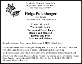 Traueranzeige von Helga Eulenberger von Tageszeitung