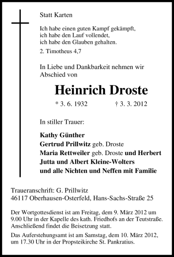 Traueranzeige von Heinrich Droste von Tageszeitung
