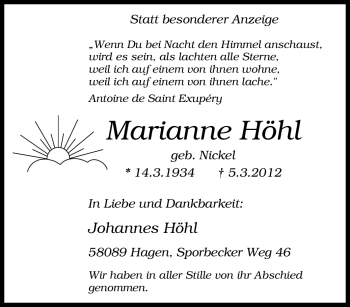 Traueranzeige von Marianne Höhl von Tageszeitung