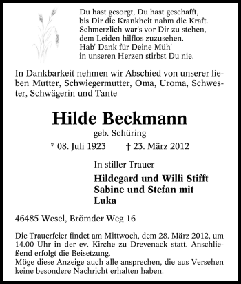 Traueranzeige von Hilde Beckmann von Tageszeitung