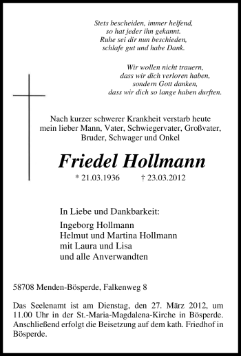 Traueranzeige von Friedel Hollmann von Tageszeitung