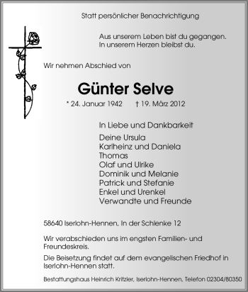 Traueranzeige von Günter Selve von Tageszeitung