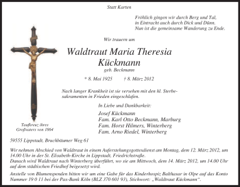 Traueranzeige von Waldtraut Maria Theresia Kückmann von Tageszeitung
