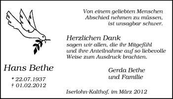 Traueranzeige von Hans Bethe von Tageszeitung