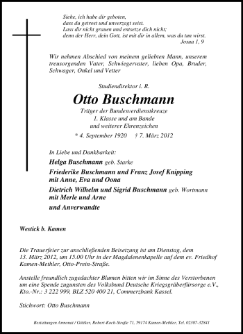 Traueranzeige von Otto Buschmann von Tageszeitung