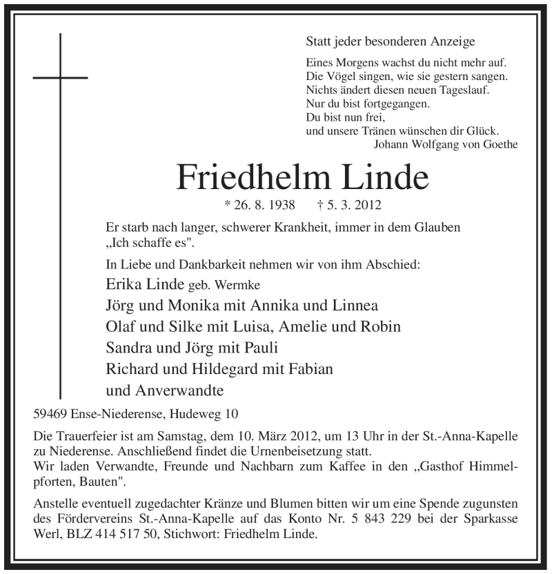  Traueranzeige für Friedhelm Linde vom 06.03.2012 aus Tageszeitung