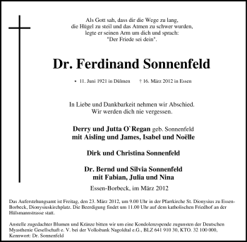 Traueranzeige von Ferdinand Sonnenfeld von Tageszeitung