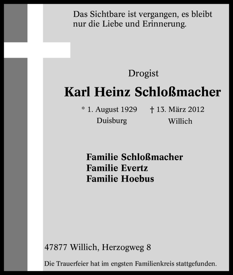  Traueranzeige für Karl Heinz Schloßmacher vom 31.03.2012 aus Tageszeitung