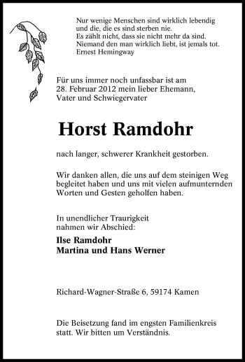 Traueranzeige von Horst Ramdohr von Tageszeitung
