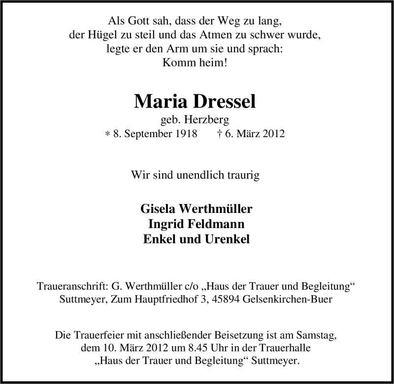  Traueranzeige für Maria Dressel vom 08.03.2012 aus Tageszeitung