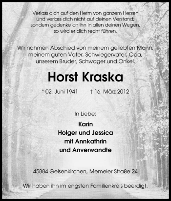 Traueranzeige von Horst Kraska von Tageszeitung
