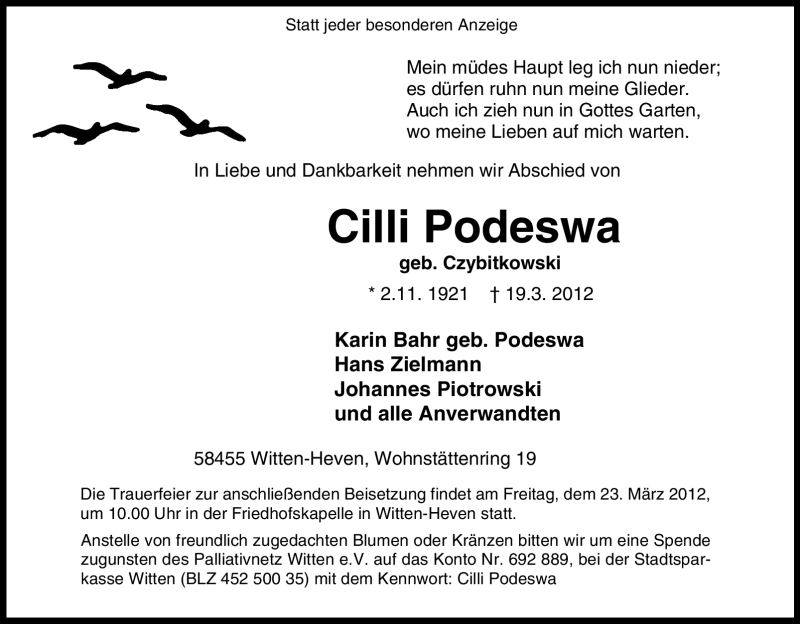  Traueranzeige für Cilli Podeswa vom 21.03.2012 aus Tageszeitung