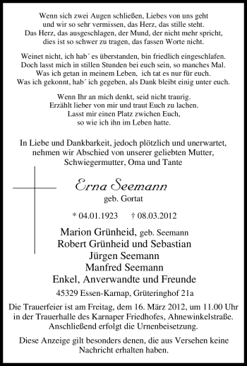 Traueranzeige von Erna Seemann von Tageszeitung