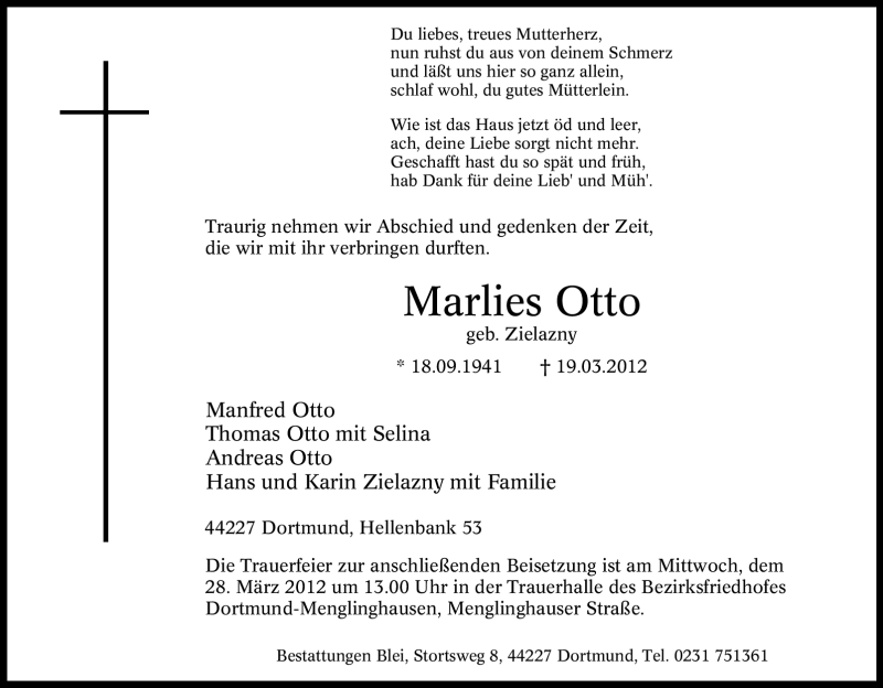  Traueranzeige für Marlies Otto vom 23.03.2012 aus Tageszeitung
