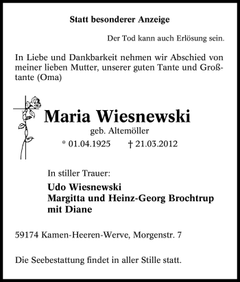 Traueranzeige von Maria Wiesnewski von Tageszeitung