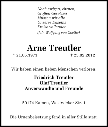Traueranzeige von Arne Treutler von Tageszeitung