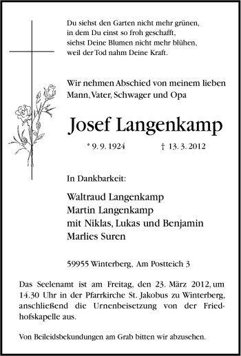 Traueranzeige von Josef Langenkamp von Tageszeitung