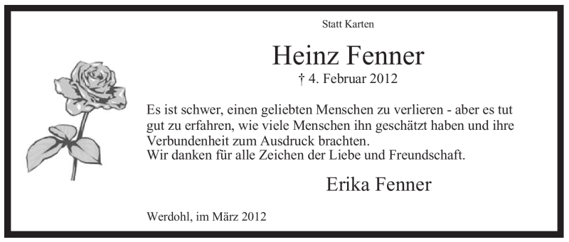  Traueranzeige für Heinz Fenner vom 17.03.2012 aus Tageszeitung