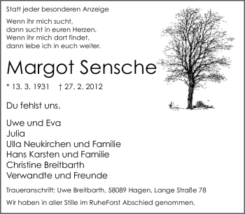 Traueranzeige von Margot Sensche von Tageszeitung
