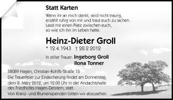 Traueranzeige von Heinz-Dieter Groll von Tageszeitung