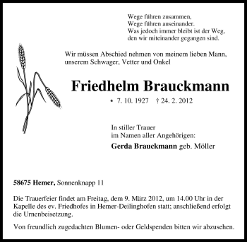 Traueranzeige von Friedhelm Brauckmann von Tageszeitung