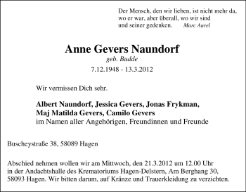 Traueranzeige von Anne Gevers Naundorf von Tageszeitung