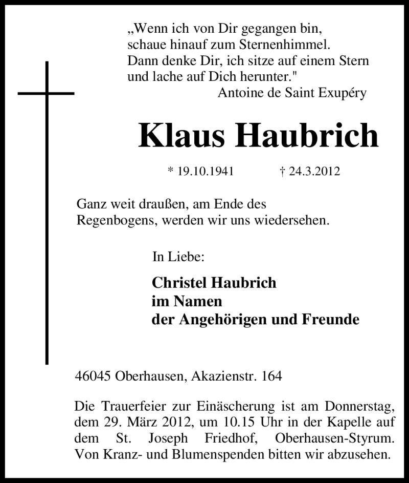  Traueranzeige für Klaus Haubrich vom 27.03.2012 aus Tageszeitung