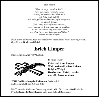 Traueranzeige von Erich Limper von Tageszeitung
