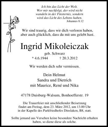 Traueranzeige von Ingrid Mikoleiczak von Tageszeitung