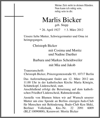 Traueranzeige von Marlis Bicker von Tageszeitung