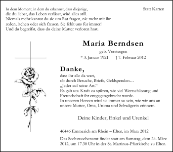 Traueranzeige von Maria Berndsen von Tageszeitung