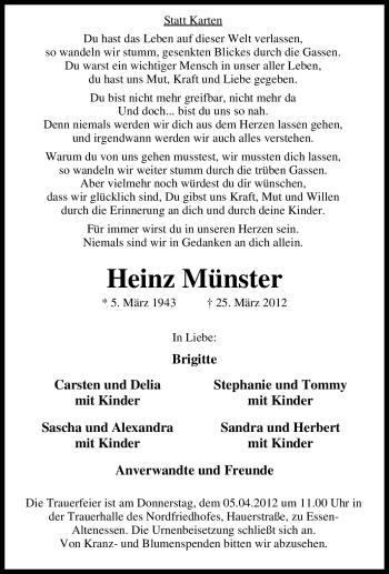 Traueranzeige von Heinz Münster von Tageszeitung