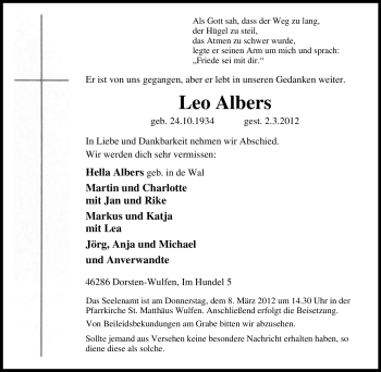 Traueranzeige von Leo Albers von Tageszeitung
