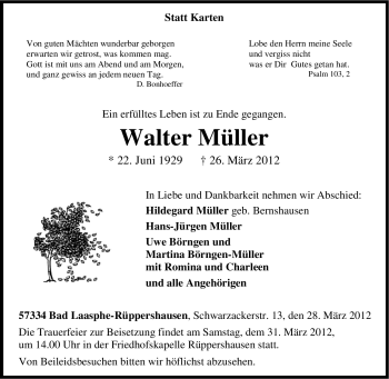 Traueranzeige von Walter Müller von Tageszeitung
