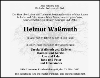 Traueranzeige von Helmut Waßmuth von Tageszeitung