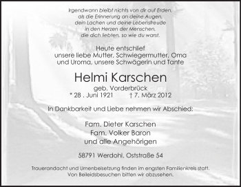 Traueranzeige von Helmi Karschen von Tageszeitung