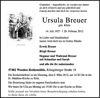 Traueranzeige von Ursula Breuer von Tageszeitung