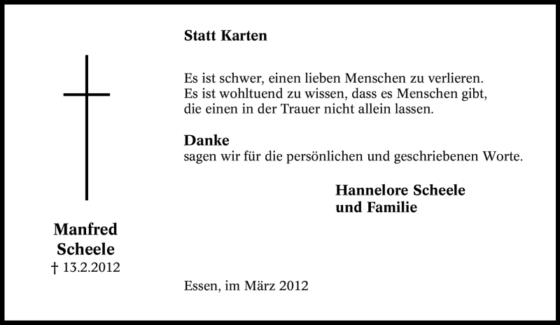  Traueranzeige für Manfred Scheele vom 10.03.2012 aus Tageszeitung